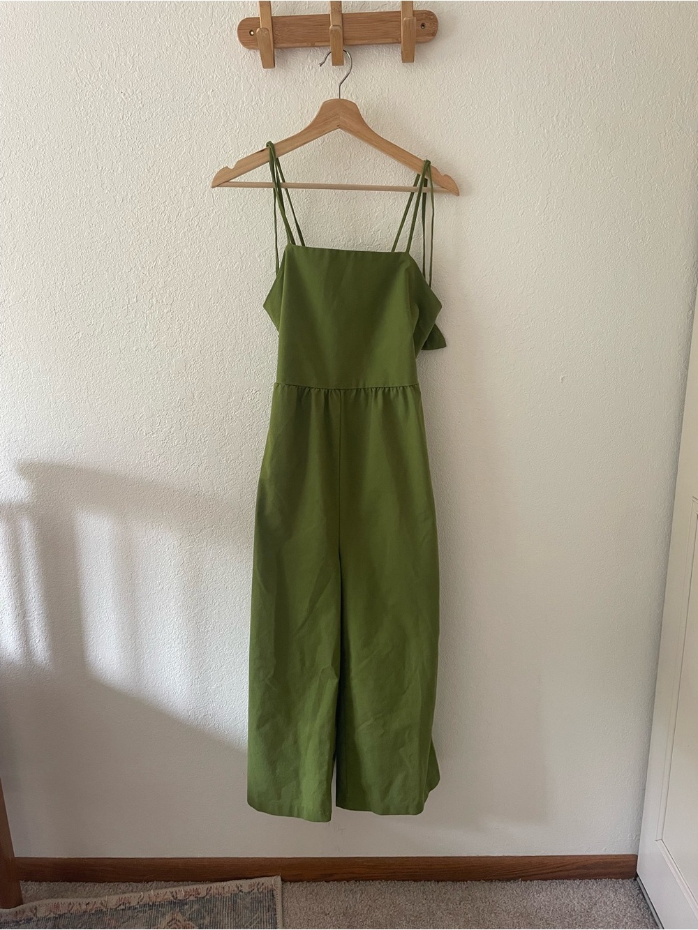 Monteau Los Angeles Women’s Green Wide Leg Tie Back Cropped Linen Jumpsuit SZ S
